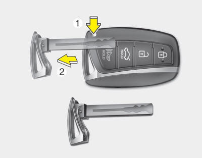 Depress and hold the release button (1) and remove the mechanical key (2). Insert