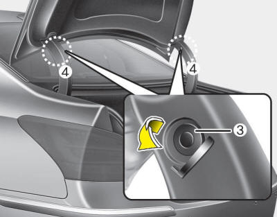 5.Detach the clip and fastener(3), then remove the trunk lid cover(4).
