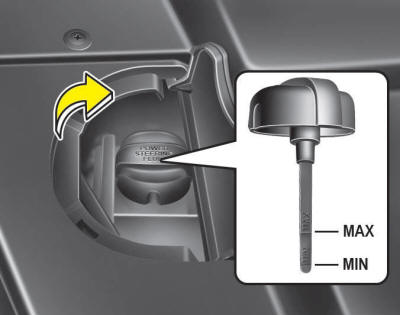 With the vehicle on level ground, check the fluid level in the power steering